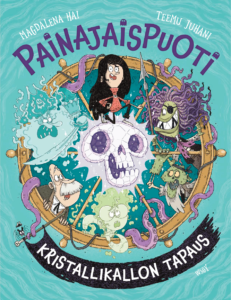 Kristallikallon turkoosi kansi, jossa Painajaispuodin väkeä ja kaikenlaisia kummallisia merirosvoja.