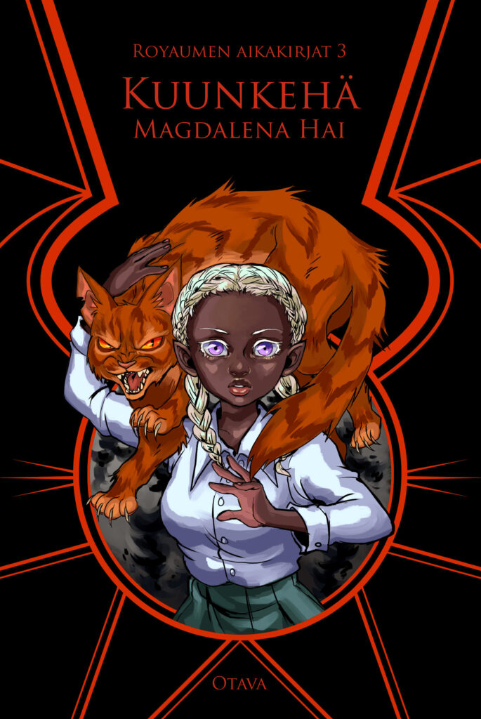 Musta kansi, jossa punaiset korostukset. Keskiössä koulupukuinen, valkotukkainen ja tummaihoinen Lune, jonka harteilla köyristää selkäänsä punainen Loiri-kissademoni.